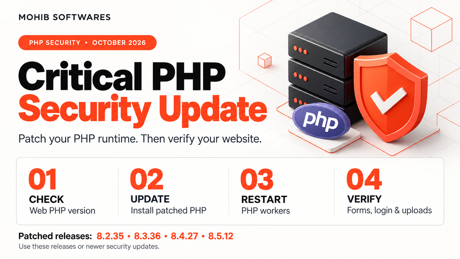 PHP security update guide showing four steps: check, update, restart, and verify.